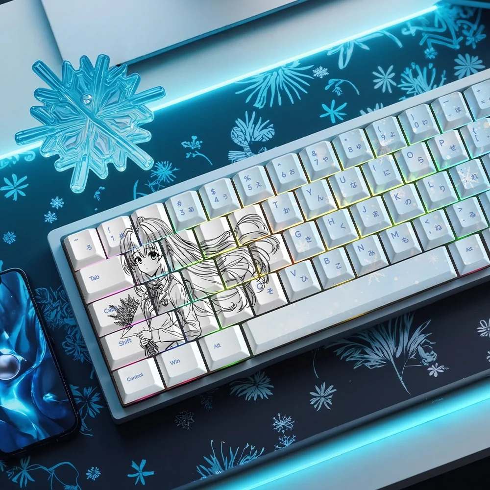 White Blue Gradient Japanese Style Keycaps Snowflake Pattern Anime Design PBT Key Cap 75% Dye-sub Side-printed Shine Through