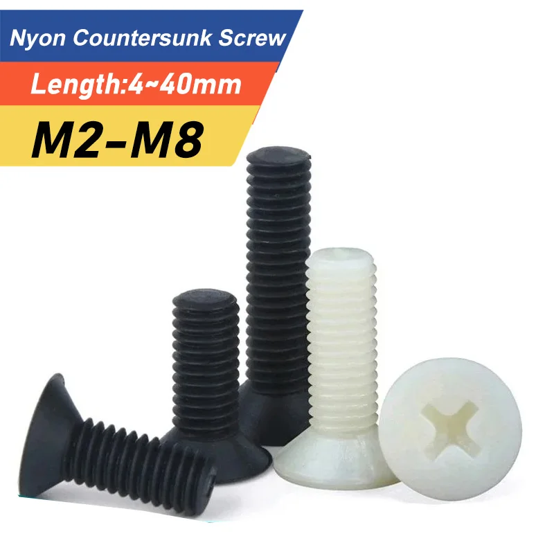 20/ 50pcs M2 M2.5 M3 M4 M5 M6 M8 Black/ White Nylon Head Screws Plastic Cross-head screw Flat Head Bolts length: 4~ 40mm