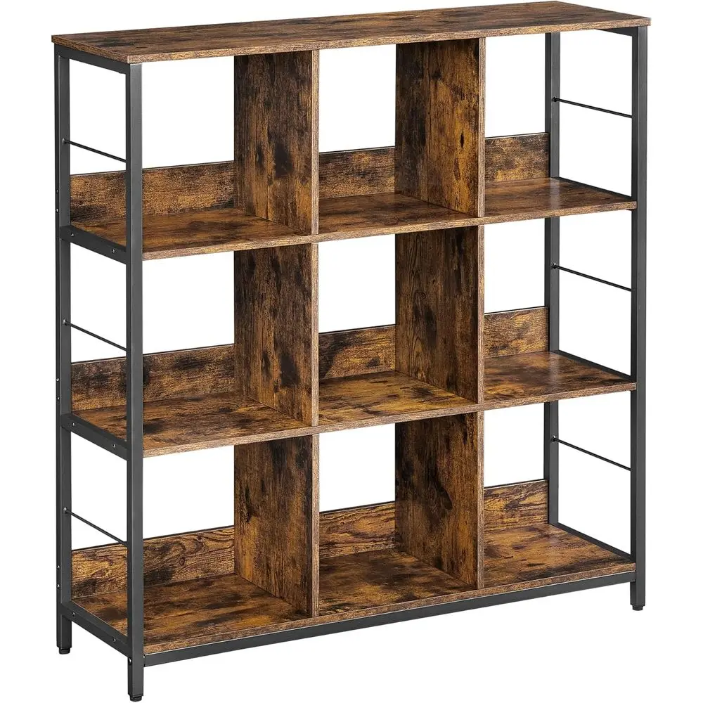 

9 Cube Bookshelf, Storage Organizer, Industrial Style, Suitable for Bedroom, Office, Living Room, Metal Frame, Rustic Brown and