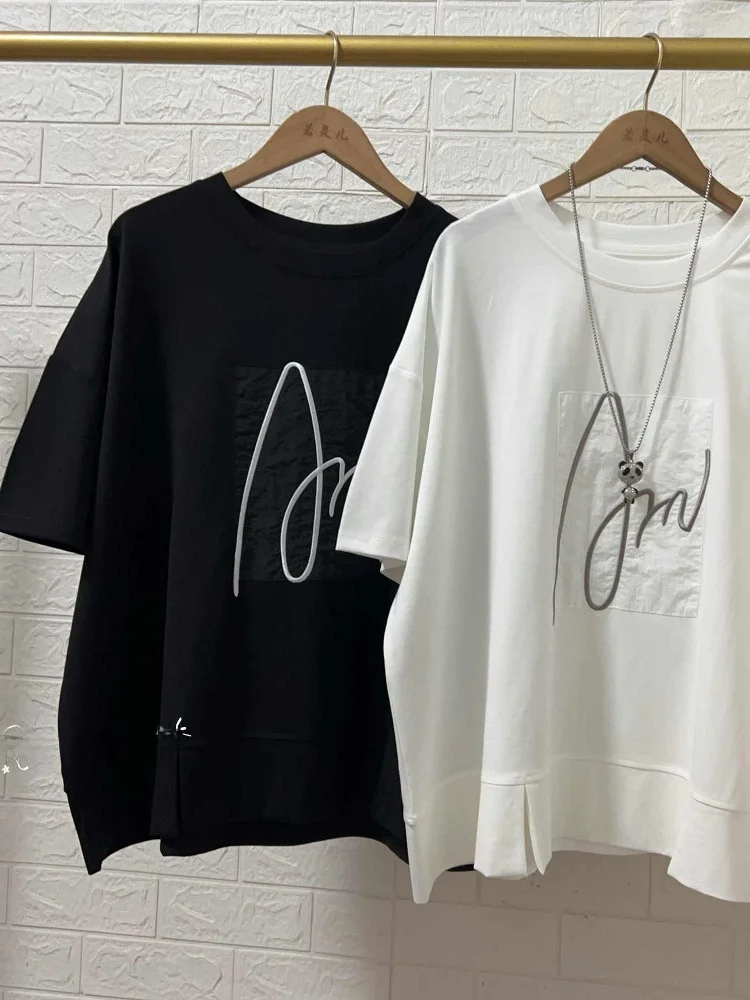 

Женская футболка больших размеров в корейском стиле с вышивкой и пэчворком, с коротким рукавом, свободного кроя, повседневная, летняя, для создания стройного и омолаживающего образа