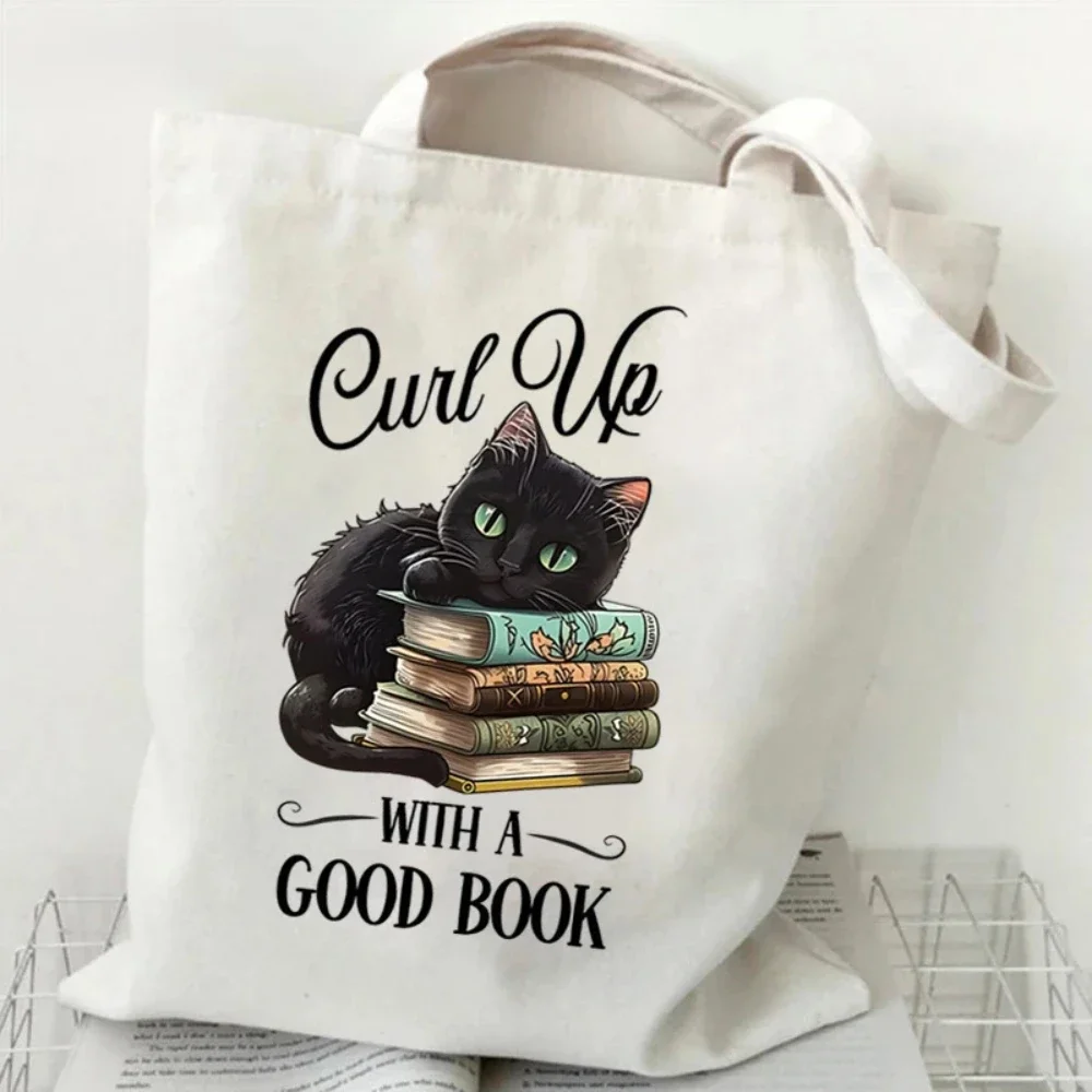 Curl Up With A Good Book Quote Canvas Tote,Black Cat & Books PrintShoulder Bag Ideal Gift for Everyday Carry School & Library