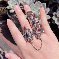 Vintage Turkish Flower Double Finger Rings Resin Jewelry Adjustable Size Link Ring For Women Antique Gold Color Arabesque Bijoux