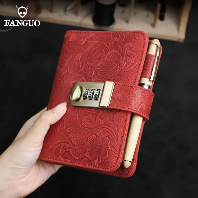 Luxo retro couro genuíno caderno a6 capa caso com suporte de caneta com bloqueio diário escritório viagem artesanal sketchbook