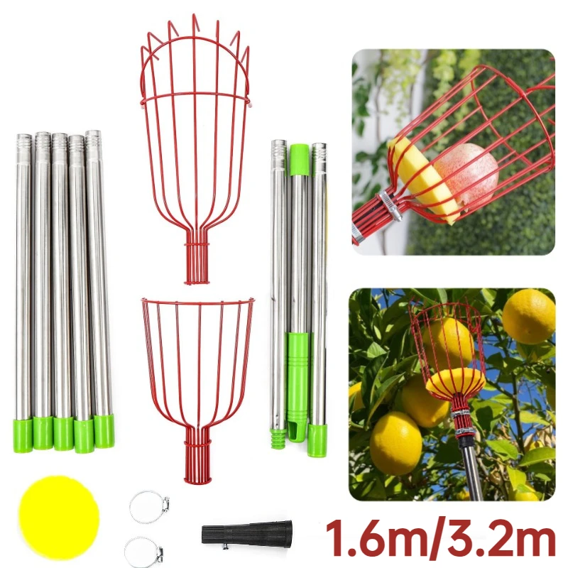 

1Pc 1.6m/3.2m Fruit Picker Basket Head with Pole and Cushion To Prevent Bruising for Avocado Acorn Lemon Pear Mango