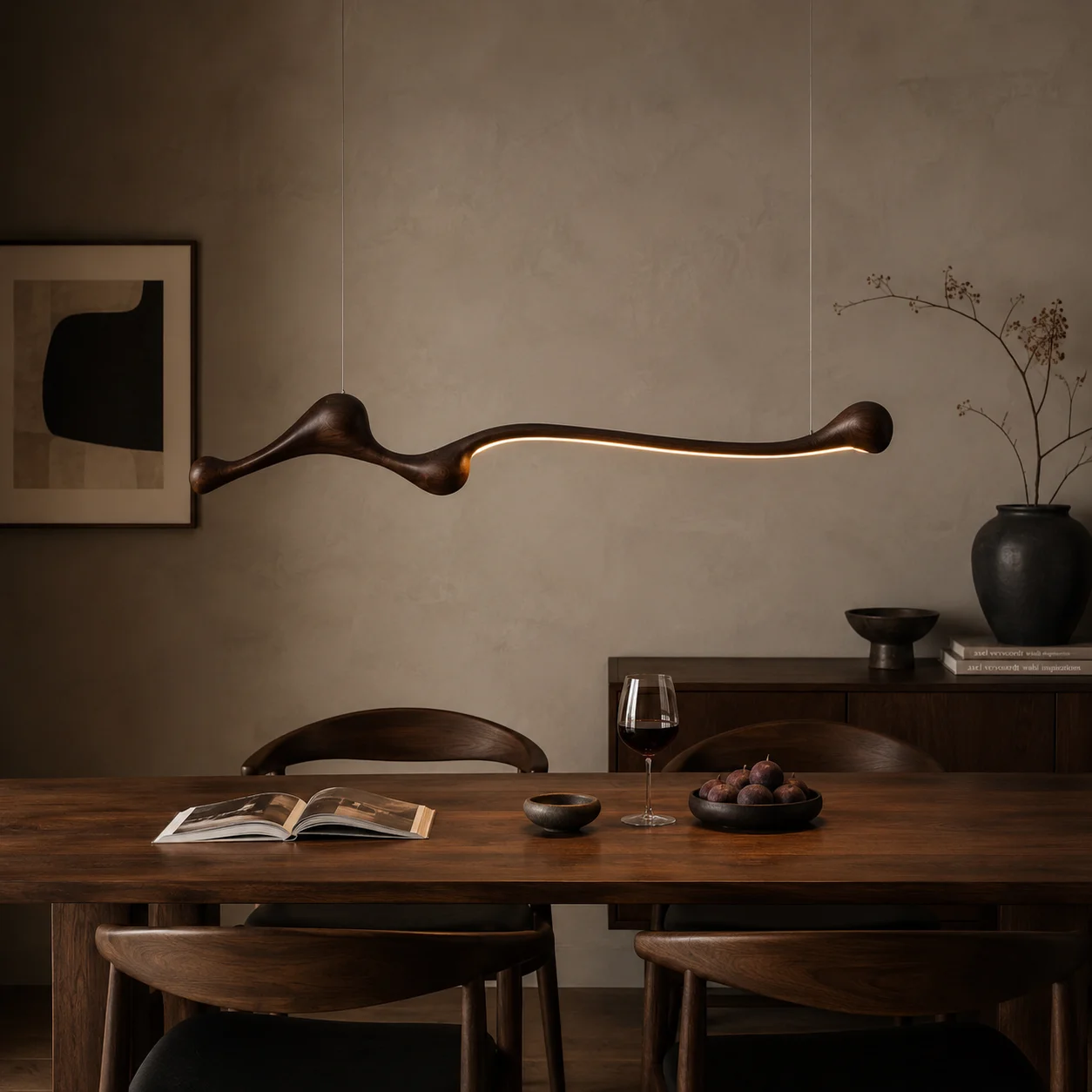 Linear Solid Wood Pendant Light with a Gentle Curve Dimmable LED Chandelier in 3 Wood Colors for Kitchen Island Dining Room view 2