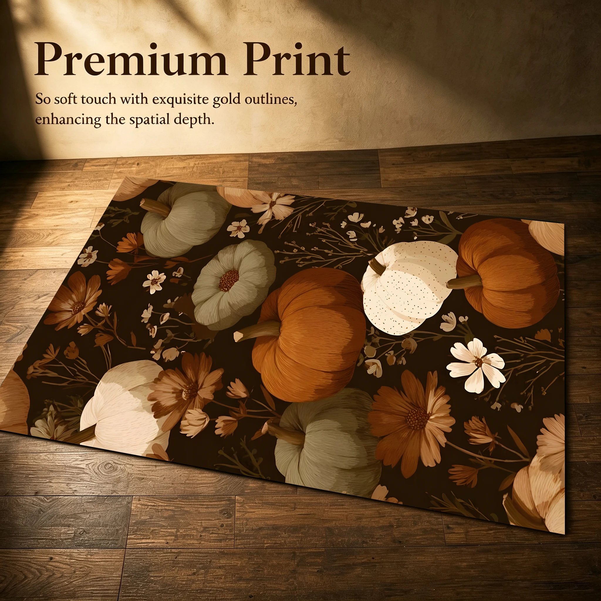 Retro Pumpkin and Floral Print Warm and Soothing Velvet Rug for Living Room, Bedroom, or Bedside, Creating a Strong Autumn Harvest Atmosphere
