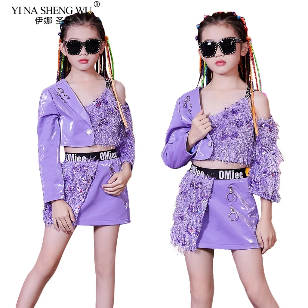 Kids Girls Purple Sequins Jazz Street Dance Costume Hip Hop Outfit Catwalk Trendy Clothing Stage Performance Wear for Dancewear