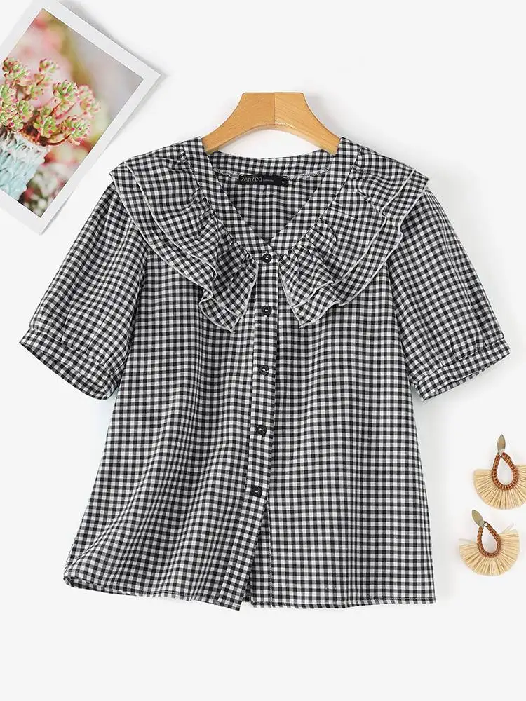 ZANZEA estate manica corta Ruffles Hem Shirt donna moda Plaid camicetta a quadri Vintage Party Holiday Blusas Casual tunica top