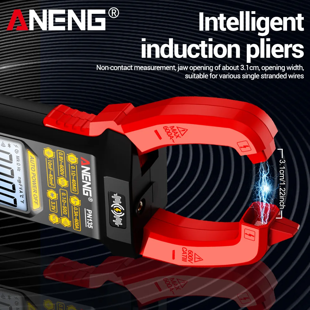 PN135 Probador de Voltaje NCV Industrial, Multímetro sin Contacto, Comprobador de Corriente, Herramienta de Reparación de Vehículos Eléctricos para el Hogar y Bricolaje, Pinza Amperimétrica de 600A, 4000 Conteo, ANENG