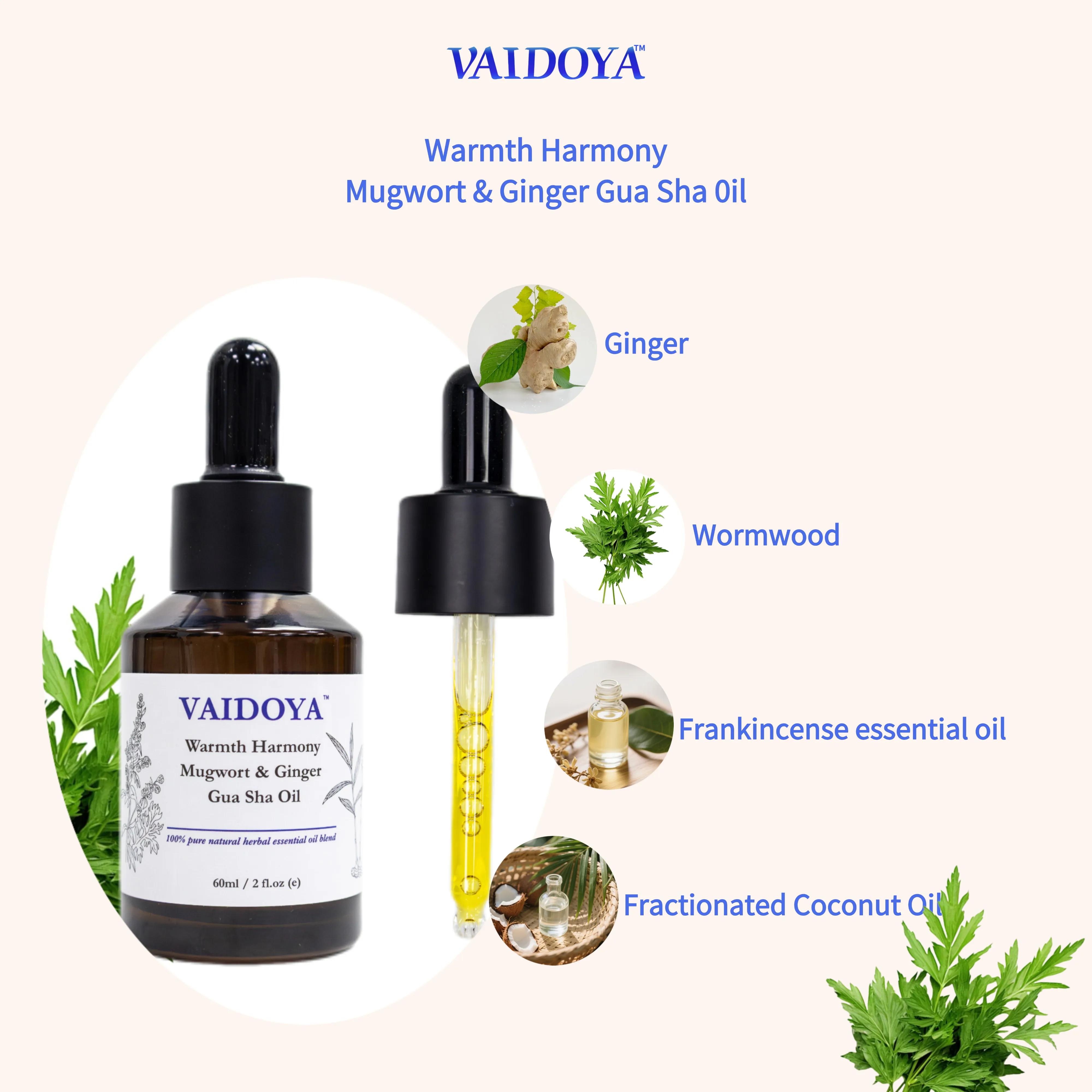 

Warmth Harmony Mugwort Ginger Gua Sha Oil - 100% Natural Herbal Body Massage Essential Oil Blend - 60ml