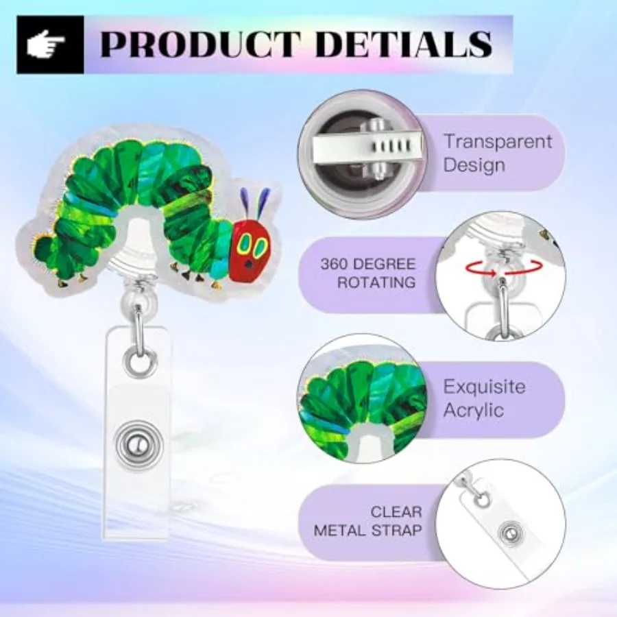 Carrete de insignia The Very Hun Caterpillar, carretes de insignia divertidos, soporte retráctil para insignia, carrete, Clip de identificación, Animal lindo, decorativo pediátrico