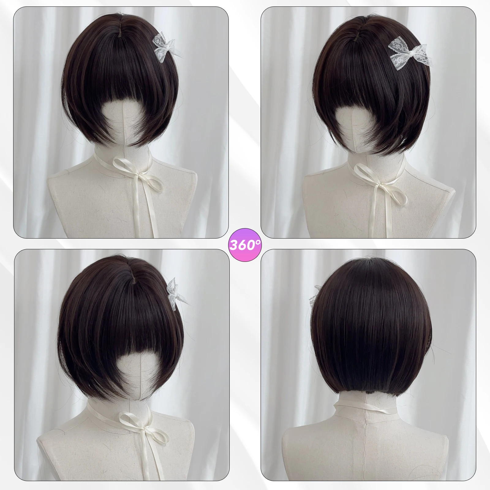 MEISU 10 بوصة قصيرة بوبو الانفجارات شعر مستعار الشاي الأسود الألياف الاصطناعية مقاومة للحرارة الطبيعية وسلسة Selfie حفلة للنساء