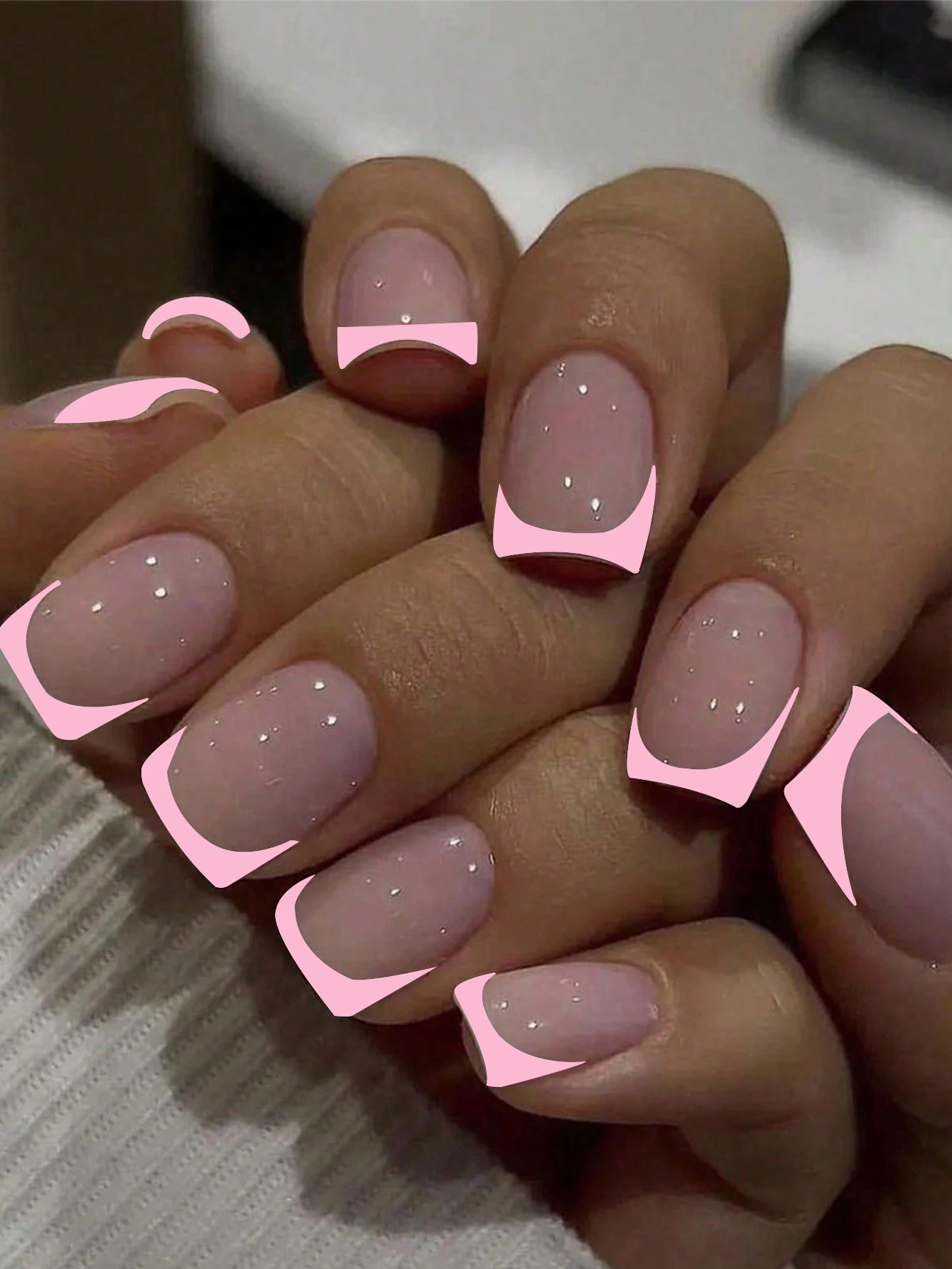 24 PCS Medium Almond Shaped Fake Nails, Light Pink  French Edge, Press On Nails Heart Design, 1PC Nail File & 1Nail Glue Sticker