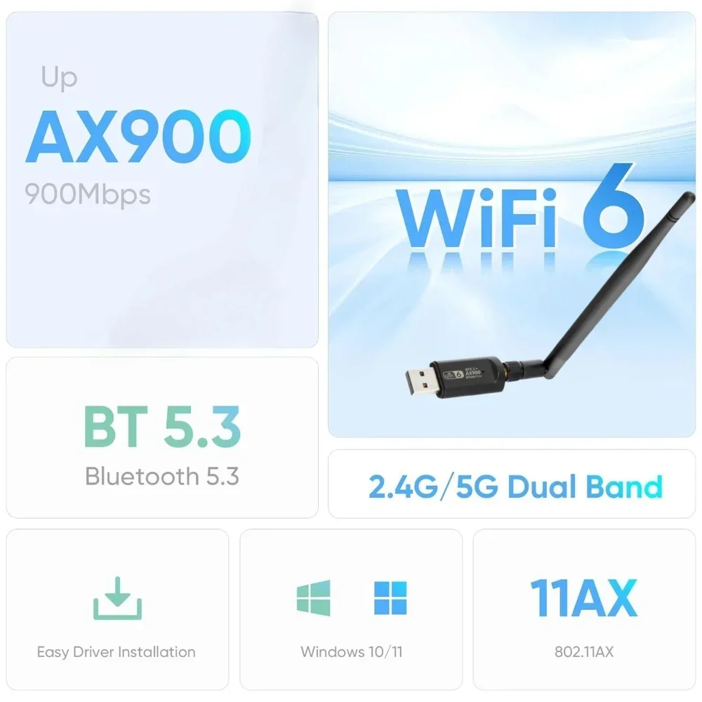 900Mbps واي فاي USB محول 2 في 1 بلوتوث 5.3 Wifi6 بطاقة الشبكة 2.4G/5Ghz 5dbi هوائي USB دونغل استقبال سائق مجاني للكمبيوتر