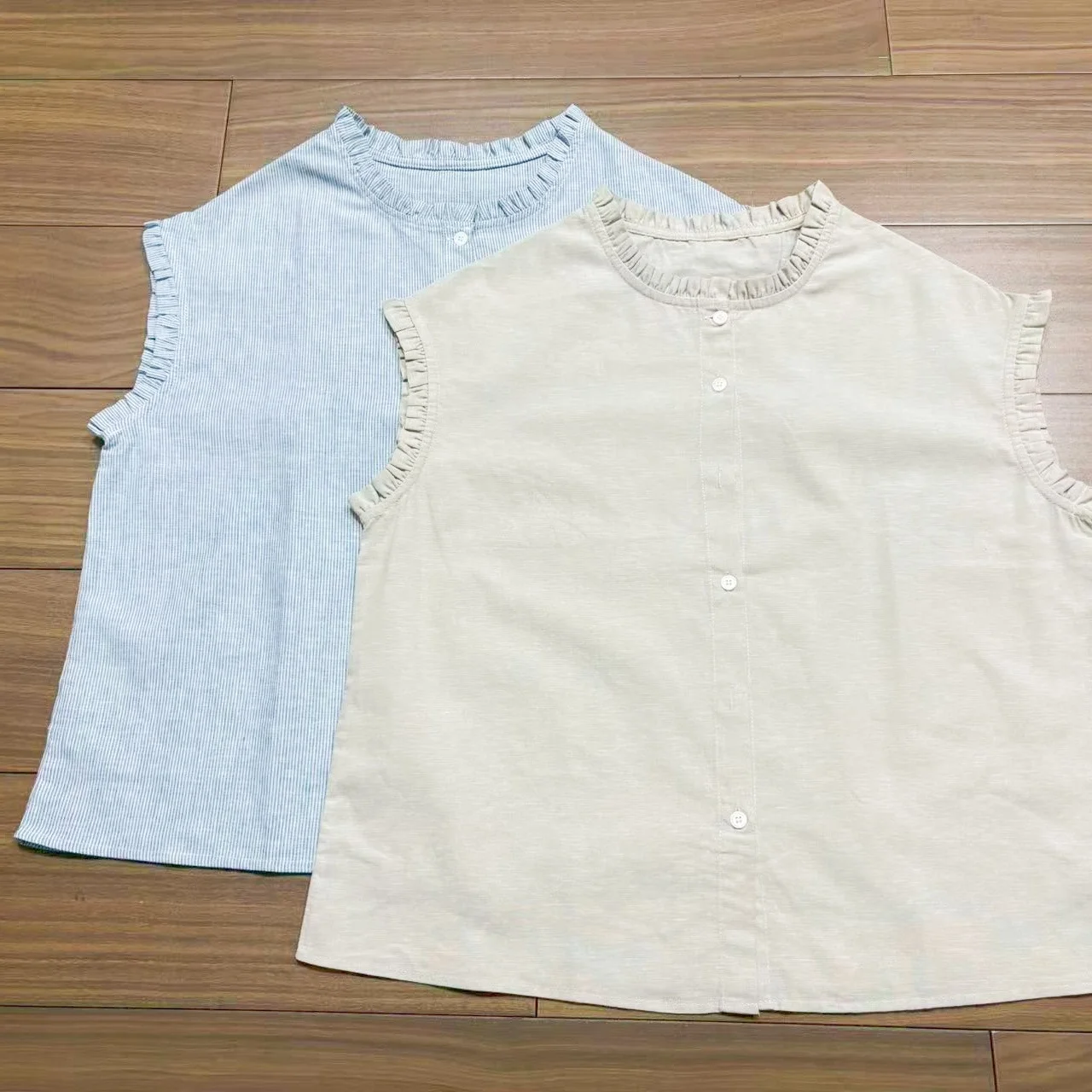 

Summer New Sweet Style Women's Cotton Linen Sleeveless Shirt Thin Large Size Slimming Top Pleated Collar Regular Length Print