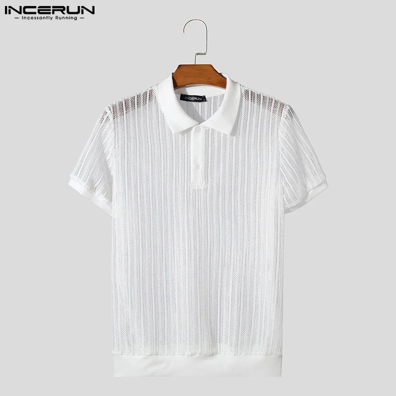 2024 Men Shirt Lapel Short Sleeve Mesh Transparent Sexy Streetwear Fashion Men Clothing Solid Color Casual Shirts S-5XL INCERUN