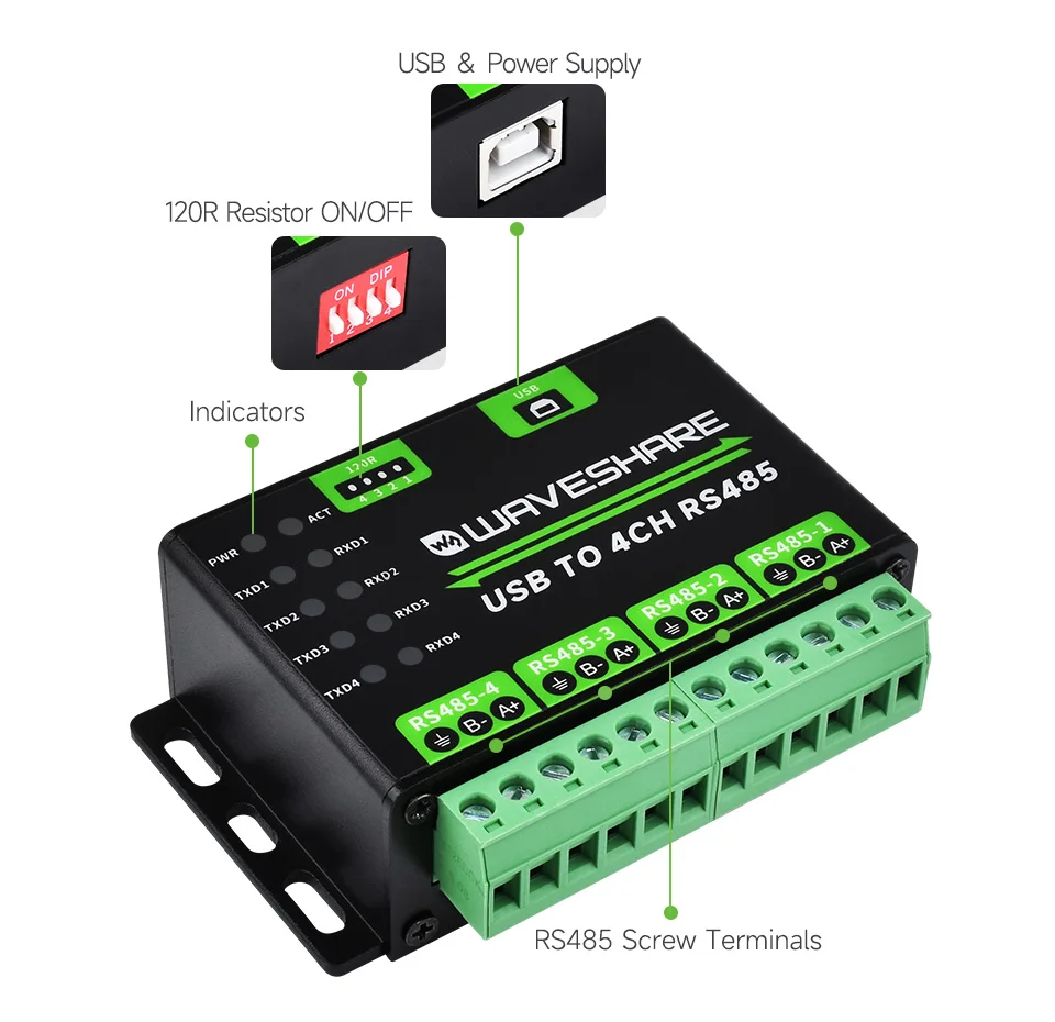 

Industrial USB TO 4Ch RS485 Converter Aluminium Alloy Case Multi Protection Circuits Multi Systems Support