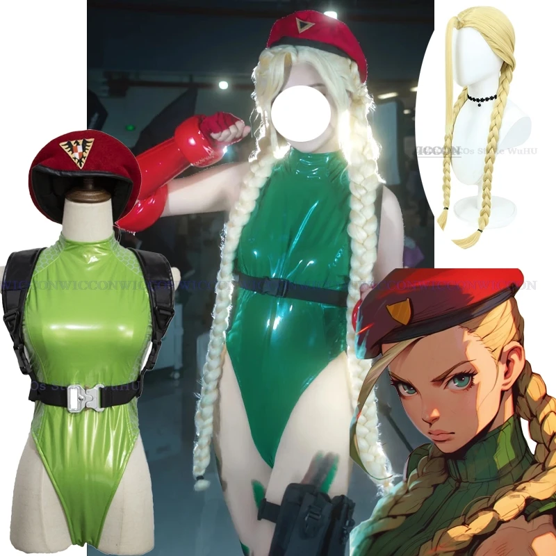 Leather Latex White Halloween Wig Jumpsuit Sexy Cammy Cosplay Costume Street Fighter V 6 5 Sexy Green Bodysuit Hat Suit Roleplay