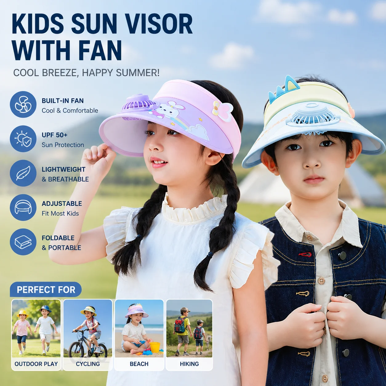 

Children's hats, cartoon cute sun protection hats for boys and girls, summer outdoor travel with fan, empty top hat