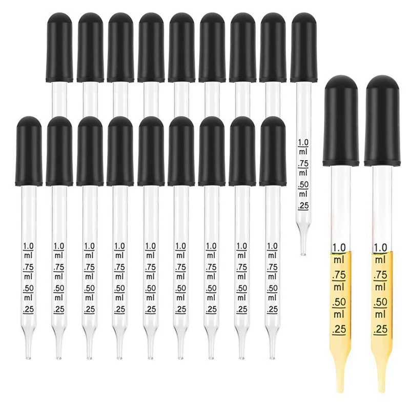 

60Pcs 1Ml Glass Liquid Droppers, Eye Dropper Pipettes With Black Suction Bulb, For Makeup Art Liquid,Straight Tip Style