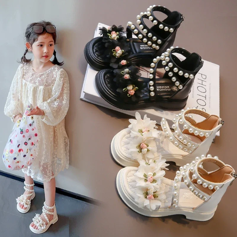 Girls Sandals Summer New Beige Flower Pearls Little Girl Princess Shoes Black Soft Bottom Non-slip Girls Kid Sandals Shoes