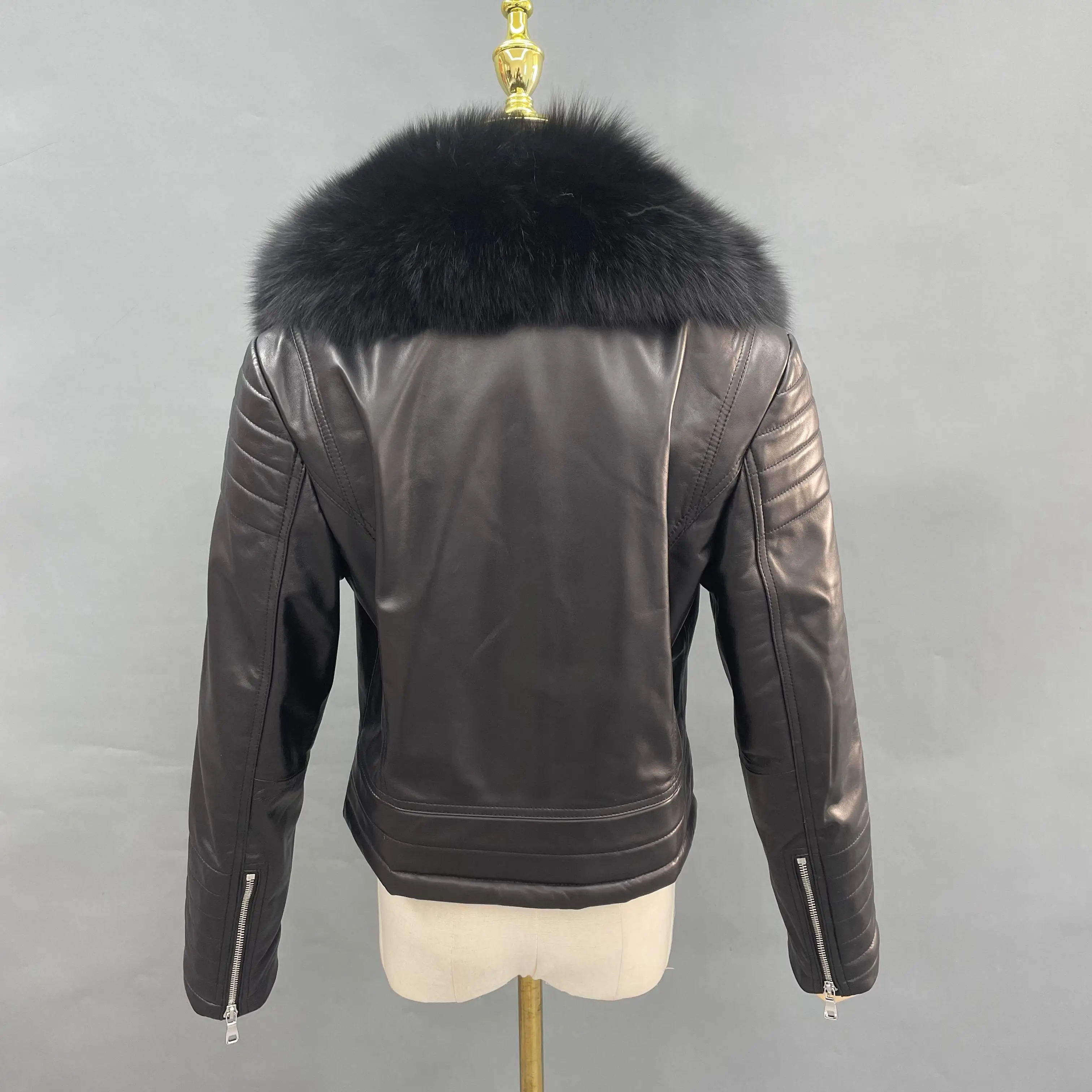 Janefur Leather Jacket Big Fur Collar Women 2022 Slim Fashion Luxury Real Fox Fur Sheepskin Coat Streetwear Female Outerwear