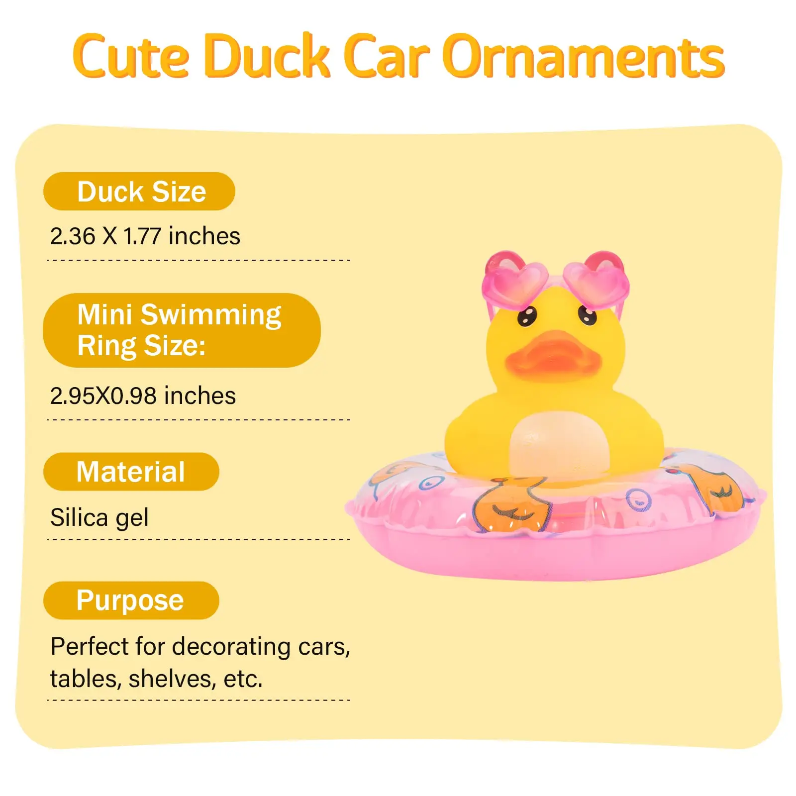 Car Rubber Duck Decoration - Dashboard Ornament with Mini Swim Ring Necklace and Sunglasses