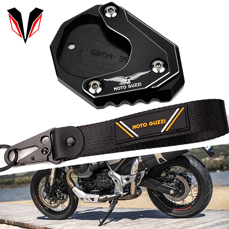 

Motorcycle CNC Kickstand Side Stand Extension Pad Plateand Keychain Accessories For MOTO GUZZI V85TT V85 TT V 85 TT 2020-2022