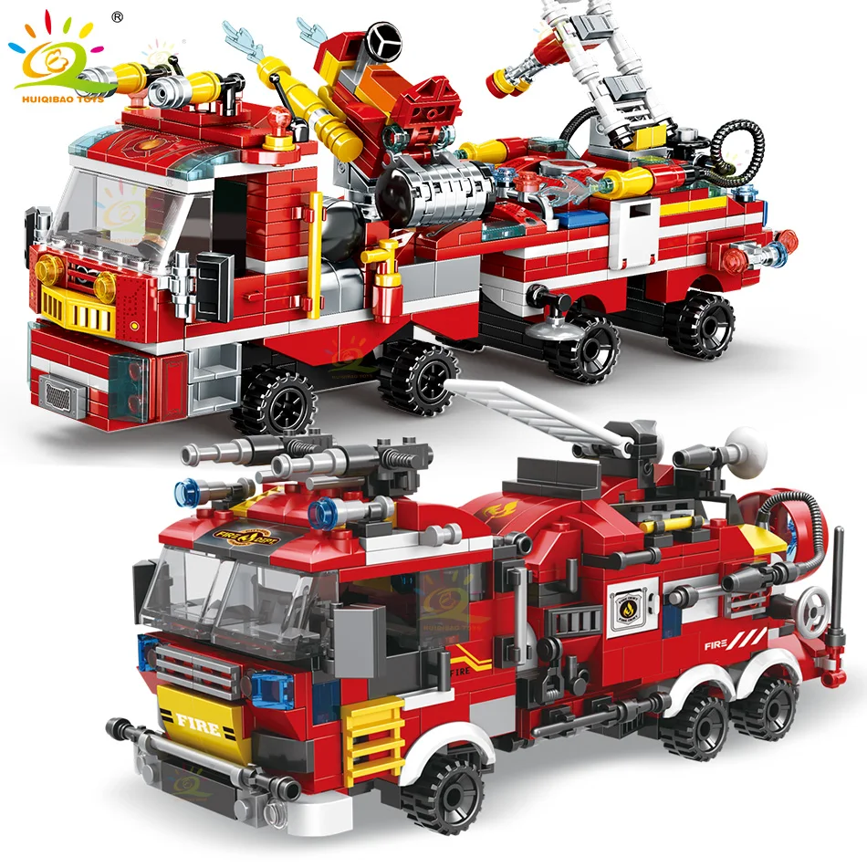 HUIQIBAO City Fire Fighting 8in1 Trucks Car Helicopter Boat Building Blocks Firefighter Figures Man Bricks Toys For Children