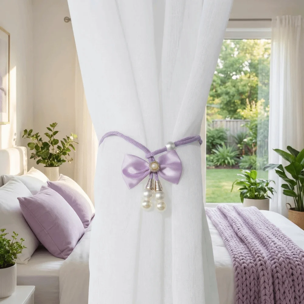 2 PCS Home Decor Adjustable Bowknot Curtain Straps Pearl Elegant Bow Curtain Buckle Beautifully Curtain Tieback Decoration