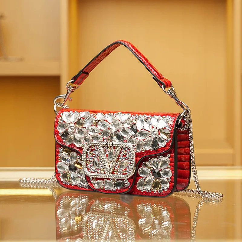 

-encrusted Small Square Bag2025Autumn Winter European American Vintage Chain fashion Handbag fashion Dinner French Light