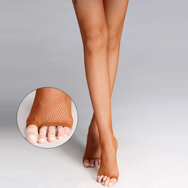 Sexy Peep Toe Latin Fishnet Tights Caramel Breathable Mesh Cha-Cha Dance Pantyhose for Women