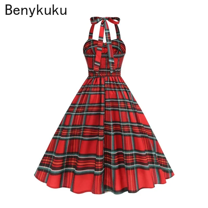 ชุดเดรสวินเทจลายสก็อตแดงแบบผูกคอ ยุค 1950s ปี 2025 สำหรับผู้หญิง ชุดเดรสเปิดหลังรัดรูป ชุดคริสต์มาส ชุดเดรสทรงสวิงสำหรับงานพรอมและงานปาร์ตี้