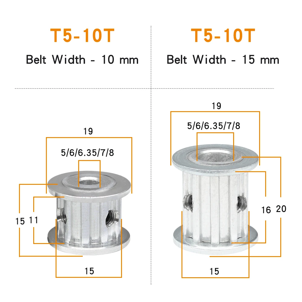 Timing Pulley T5-10T Bore Size 5/6/6.35/7/8 mm Alloy Wheels AF Shape Teeth Pitch 5 mm Match With T5 Width 10/15 mm Timing Belt