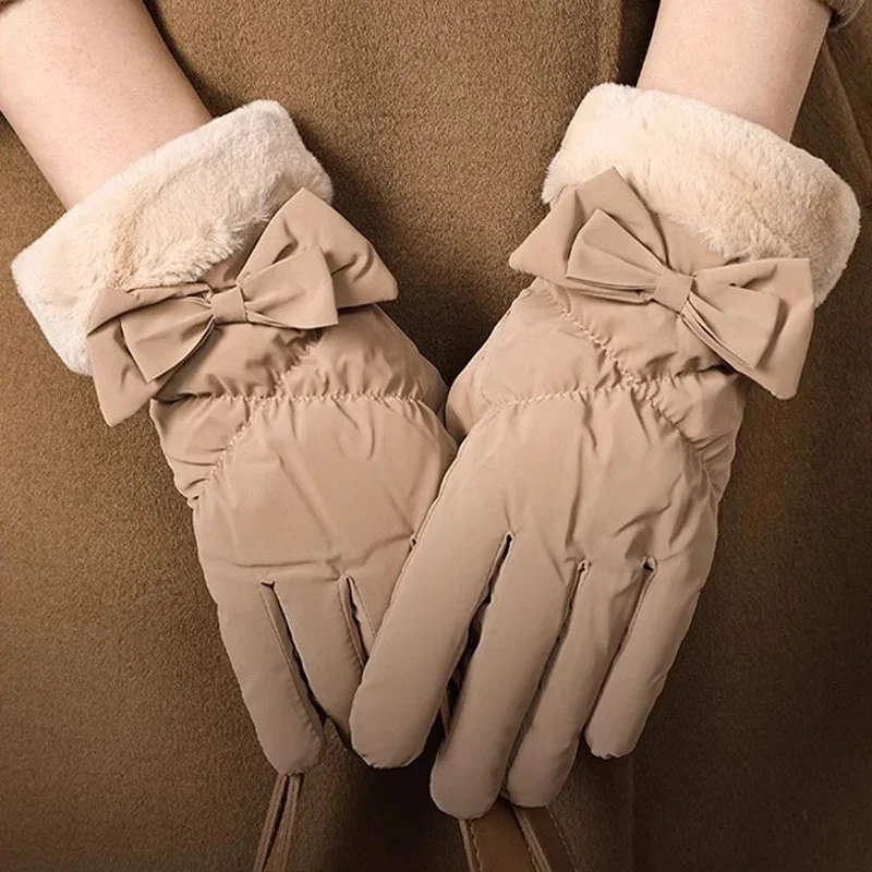 Winter Women Gloves Down Cotton Thick Warm Windproof Touchscreen Cute Bow Thermal Fleece Mittens Outdoor Driving Ski Gloves