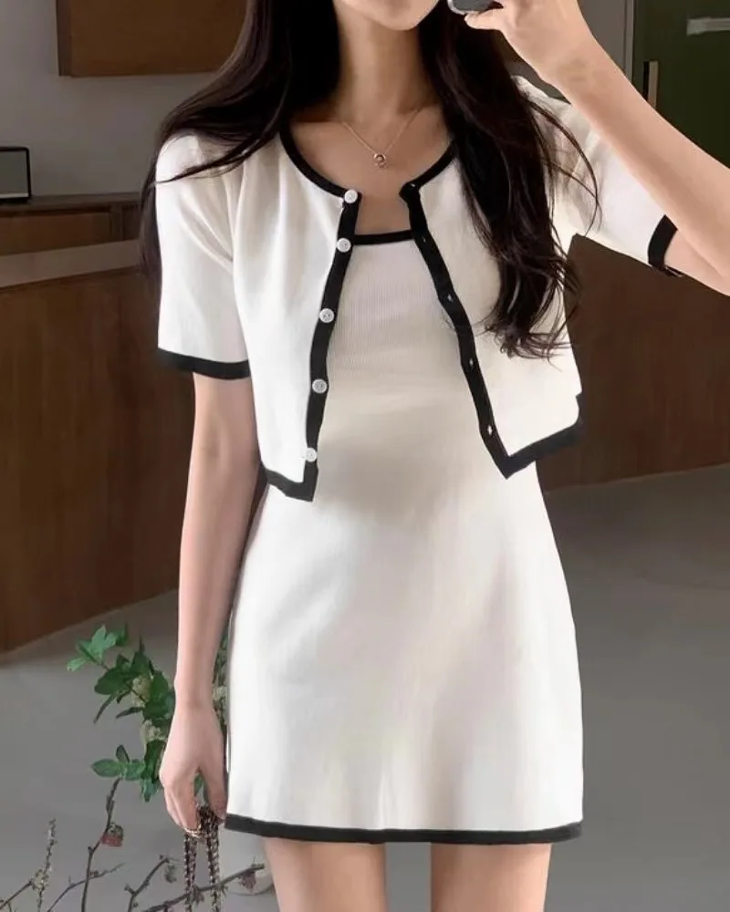 

Color Blo Trim Strap Dr Women's Slimming ort Sle Cardigan Top Set Faionable Cotton Fabric Summer Collection