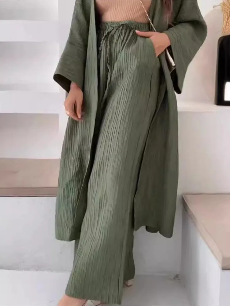 Autumn Solid Pleated Texture Top +Straight Pants Two-Piece Sets Women Loose Long Cardigan 2Piece Set Casual Lady Loose Suits