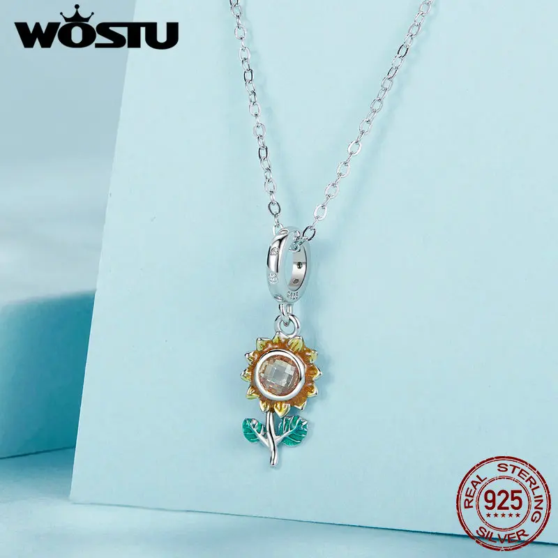 WOSTU 925 Sterling Silver Yellow Sunflower Charms Pendant Crystal Flower Charms Fit Original Bracelet Necklace Special DIY Gift