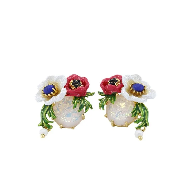 Creative Design Rhinestone Decor Enamel Flower Exquisite Colorful Floral Earrings Luxury Party Women Statement Jewelry Wholesale