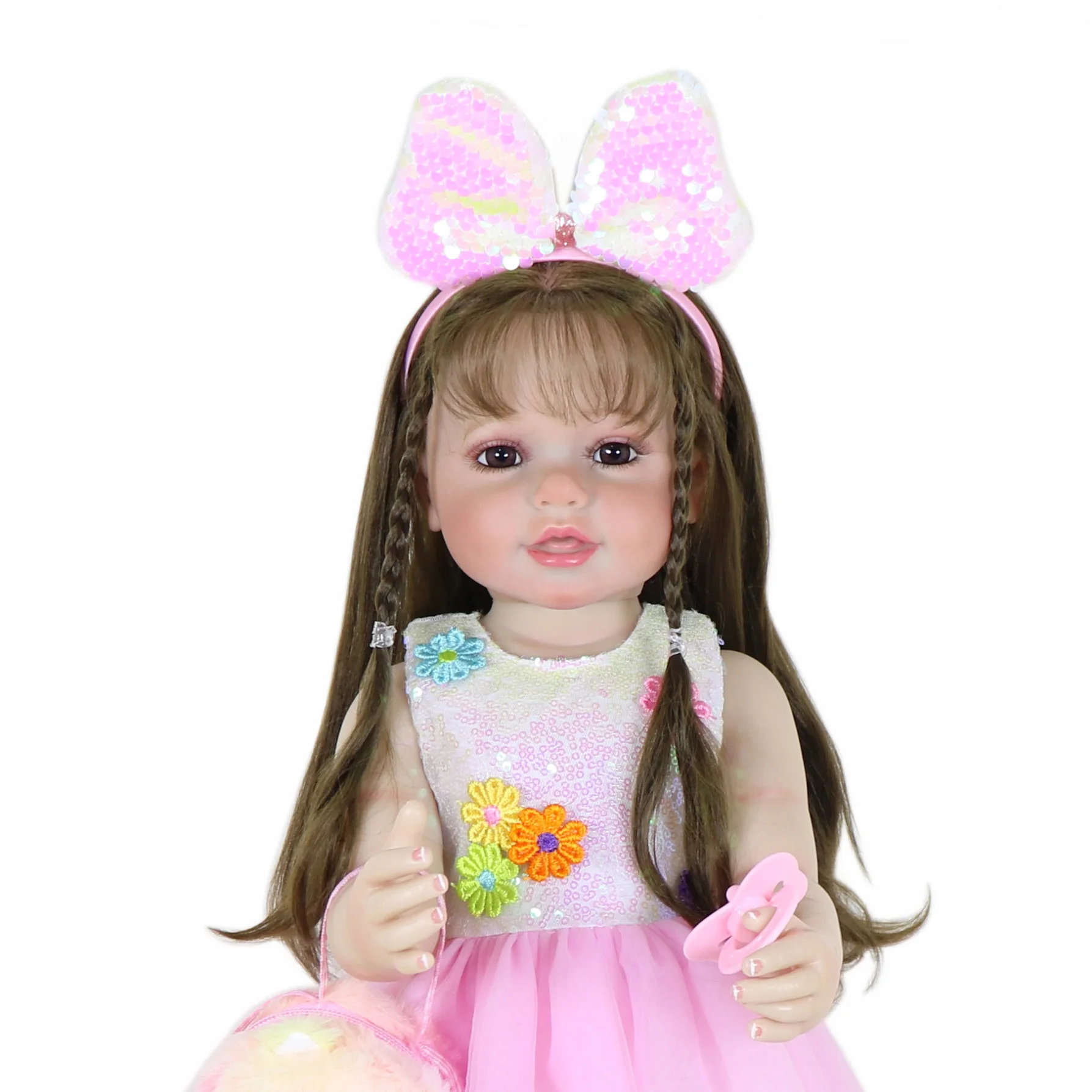 22 Inch Realistic Reborn Toddler Doll, Full Soft Vinyl Body, Brunette Rooted Hair, Brown Eyes, Sequin Dress, Plush Backpack
