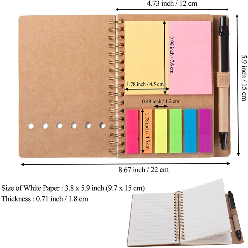 3 Packs Spiral Notebook Steno Pads Lined Notepad With Pen In Holder, Sticky Notes, Page Marker Colored Index Tabs Flags