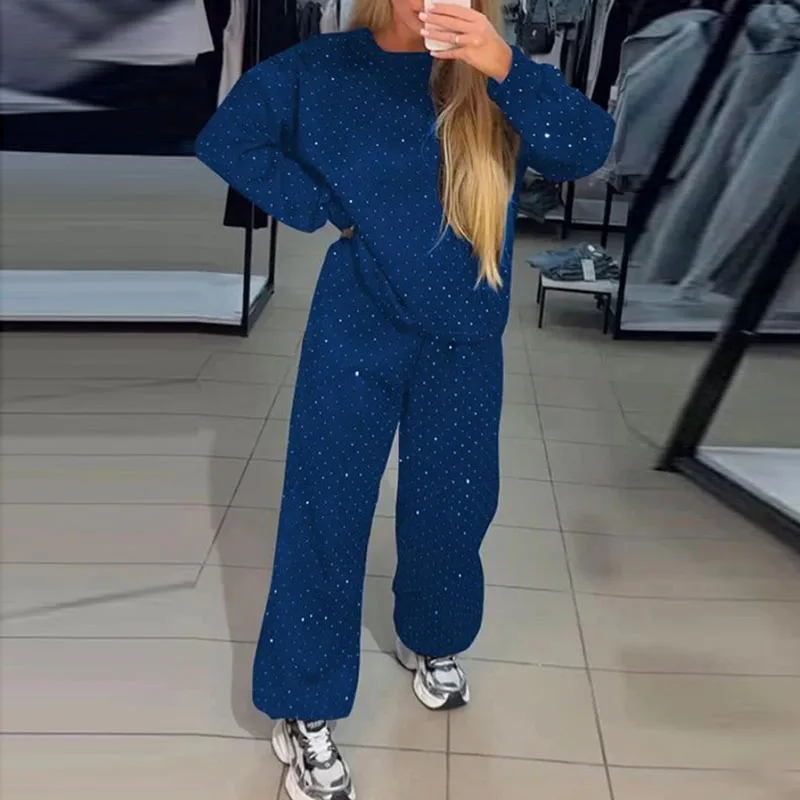 Fashion Diamonds Print Shiny Two Piece Set Women Casual Round Neck Sweatshirt Pullover & Sweatpants Outfit Fall Winter Warm Suit