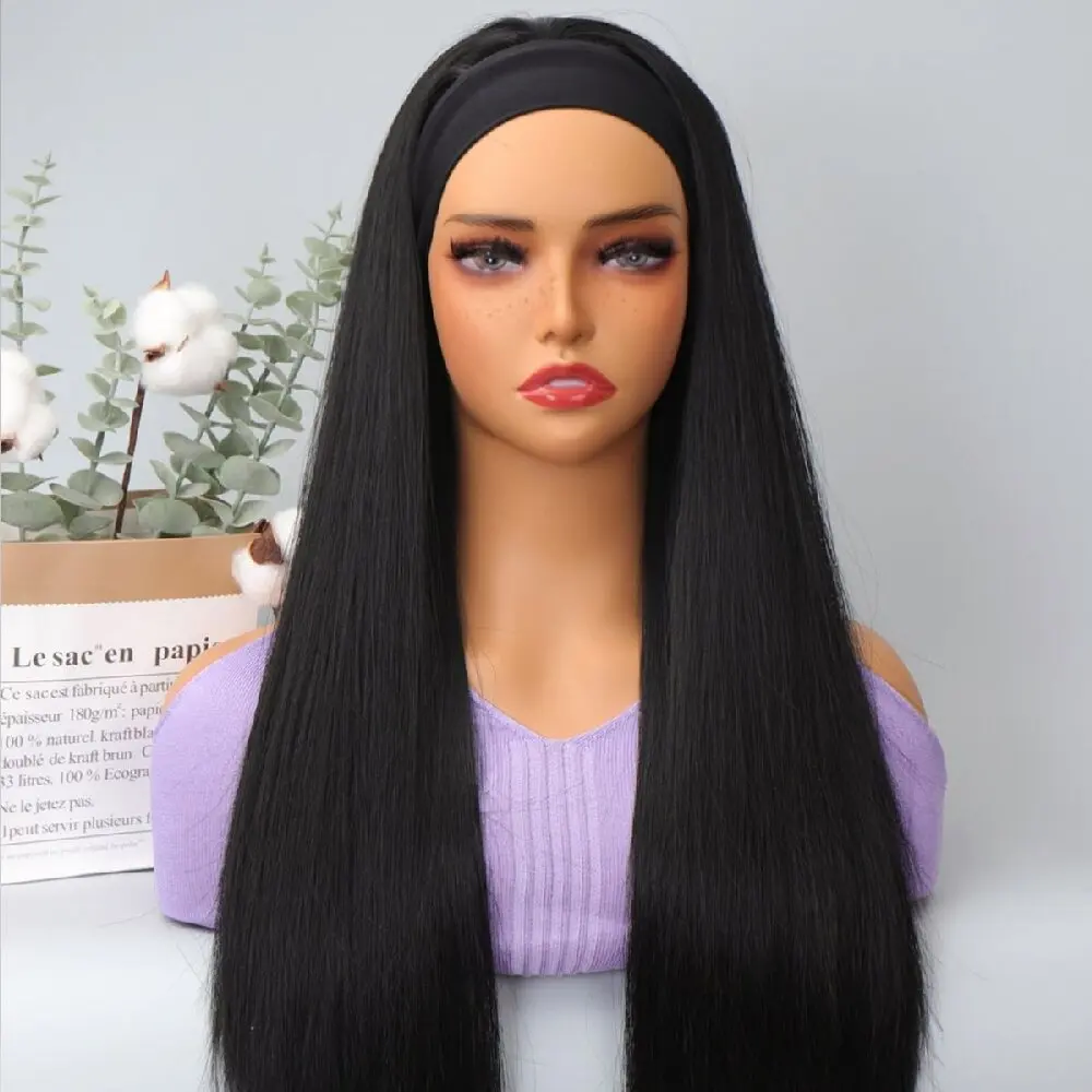 

40 42 Inch 200% Density Human Hair Wig Natural Black Straight Headband Wig No Lace Front Machine Made Human Hair Wig