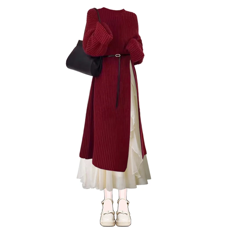 Red Knitted Sweater And ter Dr Set New Year Faion Autumn Winter 2025 New Arrival Women's Ensemble Long Sve