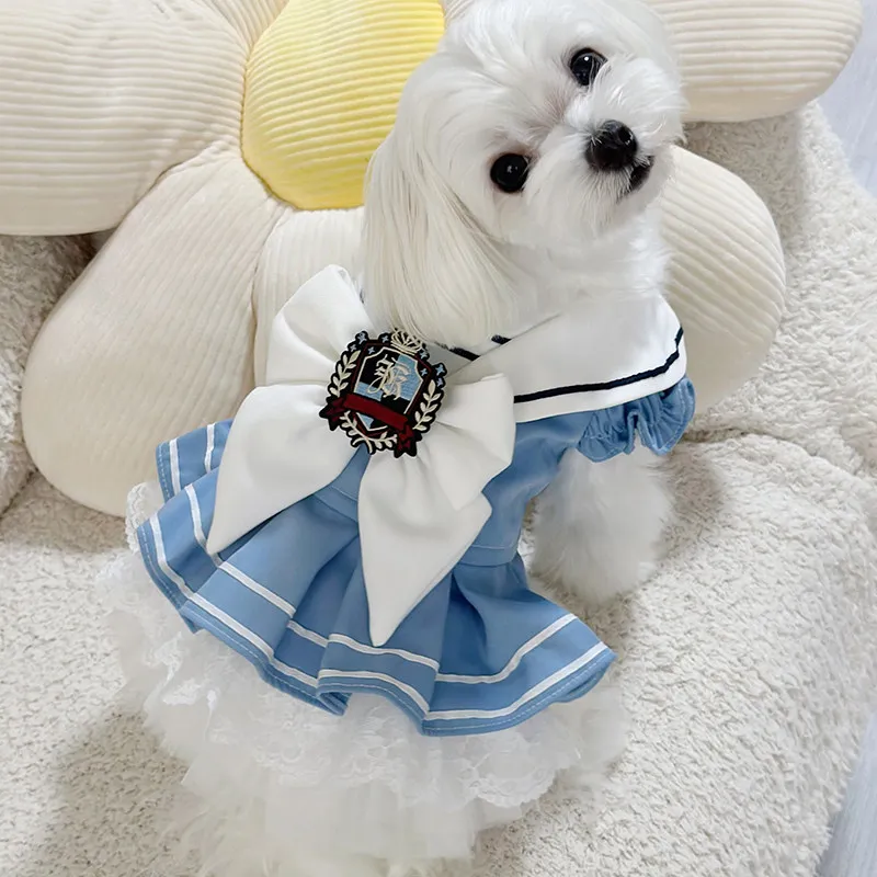 Sweet College Style Dress Pet Clothing for Small Dogs French Bulldog Print Summer Costume Cute Girl Mascotas Dog Clothes