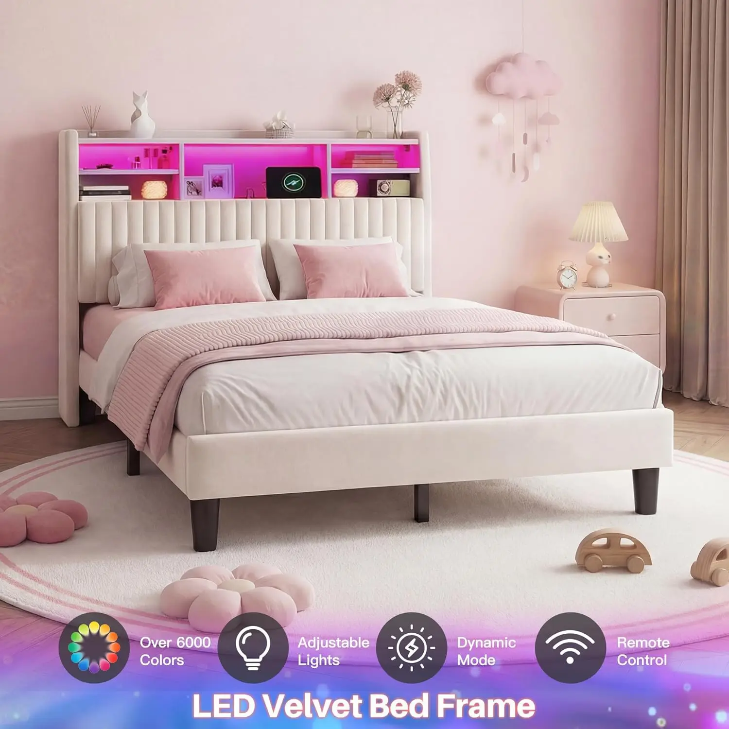Full Size Bed Frame, Vertical Channel Tufted Headboard with Storage Shelves, Velvet Bed Frame with Charging Station, Customized