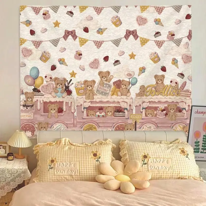 VIKAMA European Garden Angel Bear Tapestry Wall Hanging Home Decor for Bedroom Living Room Dorm Cupid Cute Bear Linen
