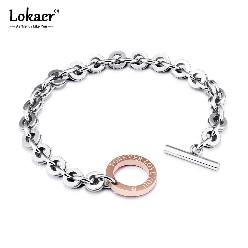 Lokaer Titanium Steel Charm Bracelets For Women Inlaid Zircon Forever Love You Toggle Clasp Chain & Link Bracelets B17068