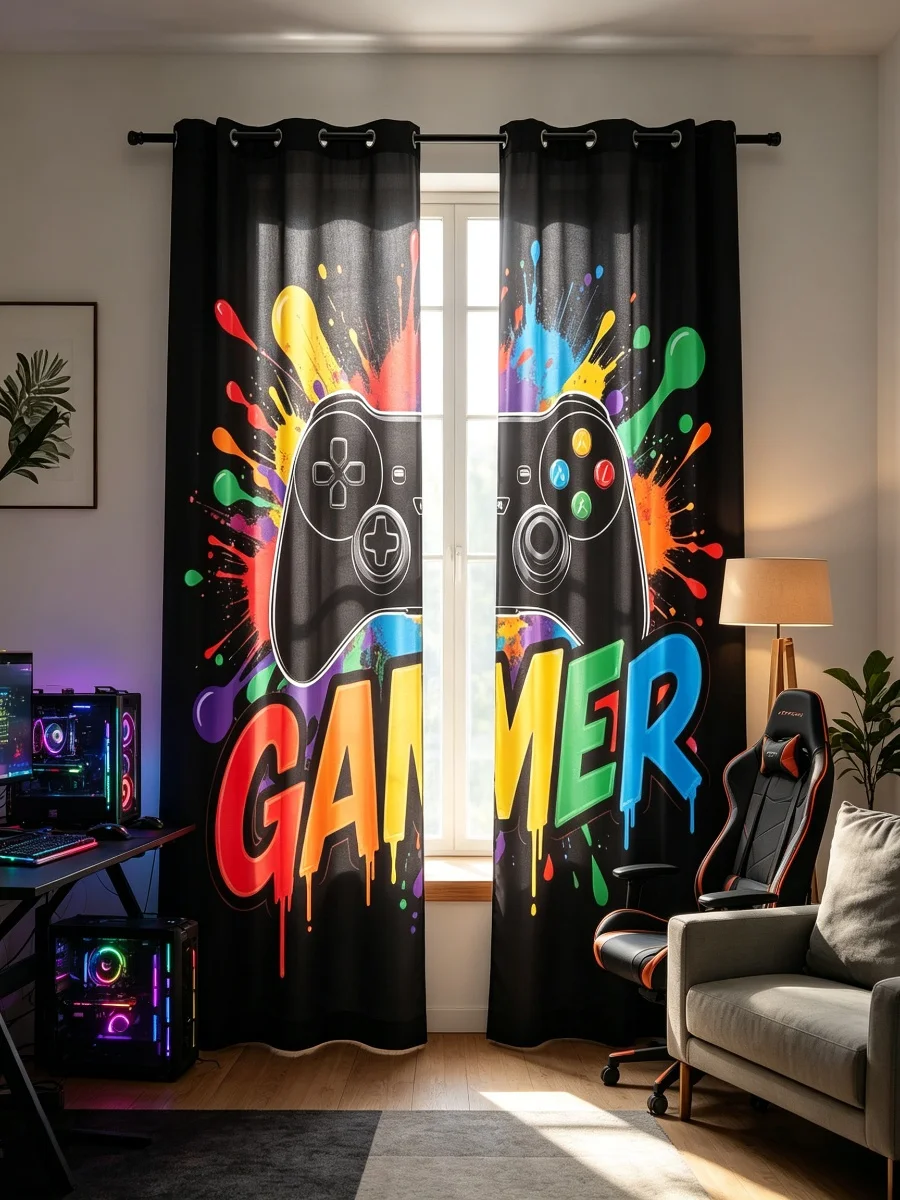 2PCS Gamer Color Controller Print Curtains, Black Neon Splash Gamepad Pattern Window Drapes for Gaming Room Bedroom Decor