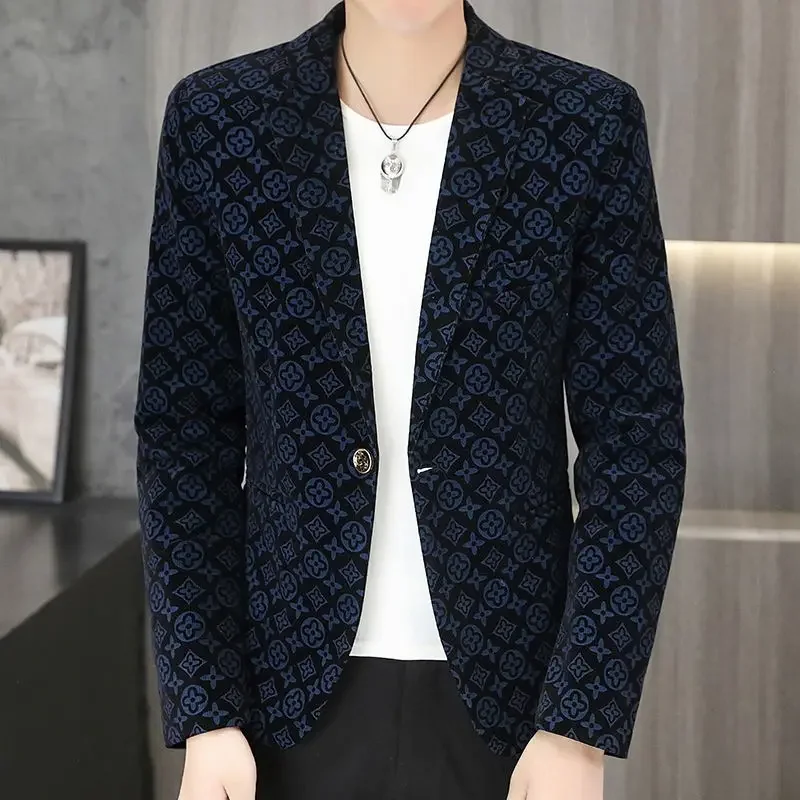 Boutique Men's Fashion Elegant Gentleman Comfort Print Corduroy Korean Version Business Casual British Style Slim Fit Blazer